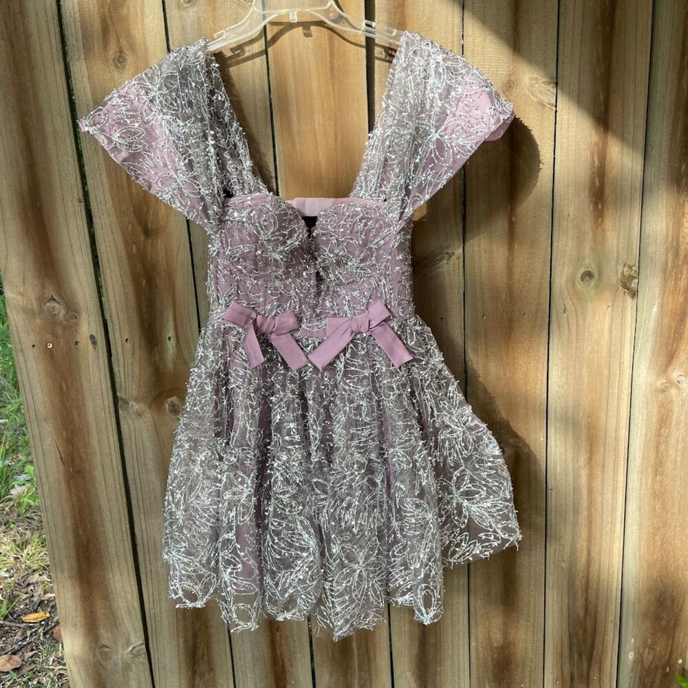 FOR LOVE AND LEMONS BRYNNE DRESS  Silver Tinsel Mesh Purple Bows MINI Sz L